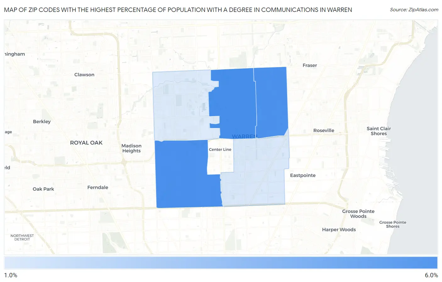 Zip Codes with the Highest Percentage of Population with a Degree in Communications in Warren Map