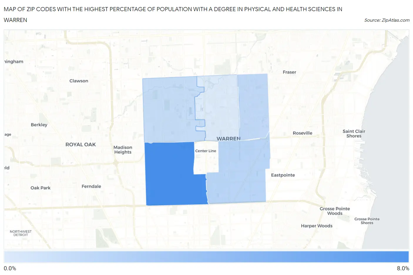 Zip Codes with the Highest Percentage of Population with a Degree in Physical and Health Sciences in Warren Map