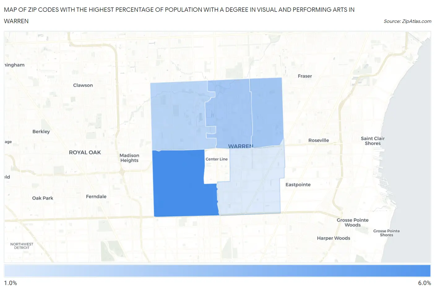 Zip Codes with the Highest Percentage of Population with a Degree in Visual and Performing Arts in Warren Map
