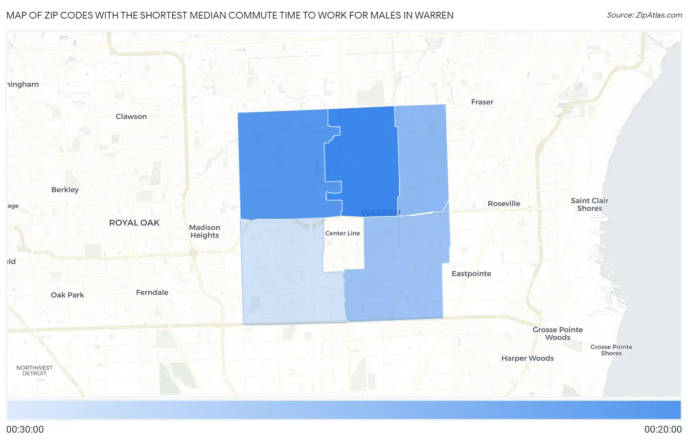 Zip Codes with the Shortest Median Commute Time to Work for Males in Warren Map