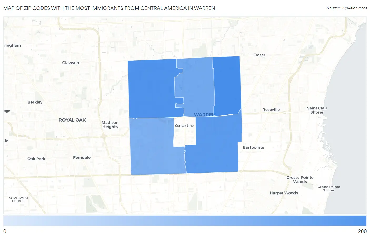 Zip Codes with the Most Immigrants from Central America in Warren Map