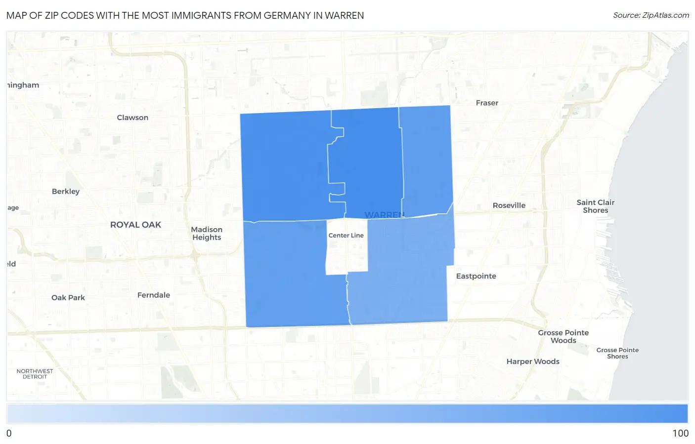 Zip Codes with the Most Immigrants from Germany in Warren Map