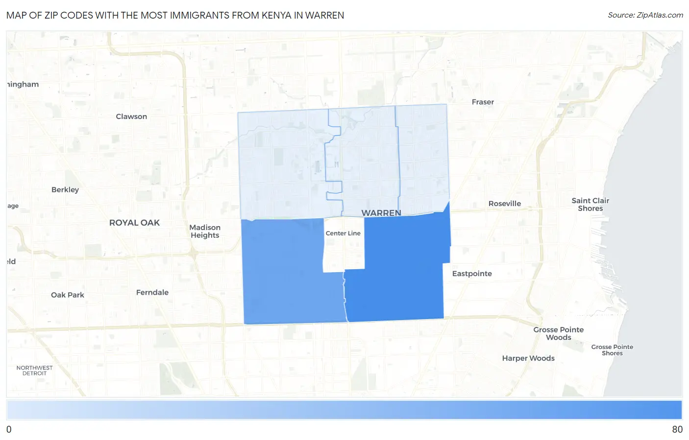Zip Codes with the Most Immigrants from Kenya in Warren Map