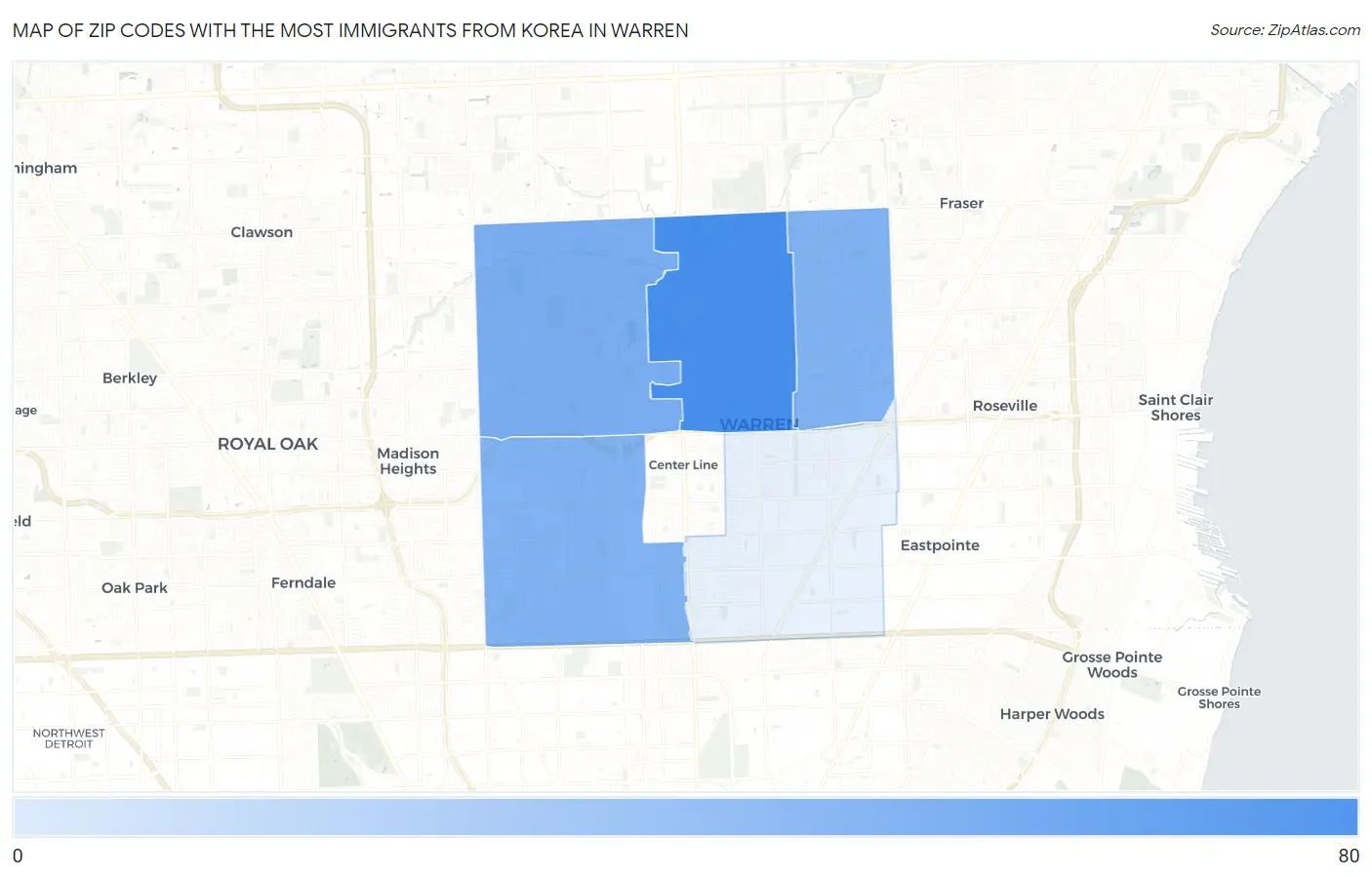 Zip Codes with the Most Immigrants from Korea in Warren Map