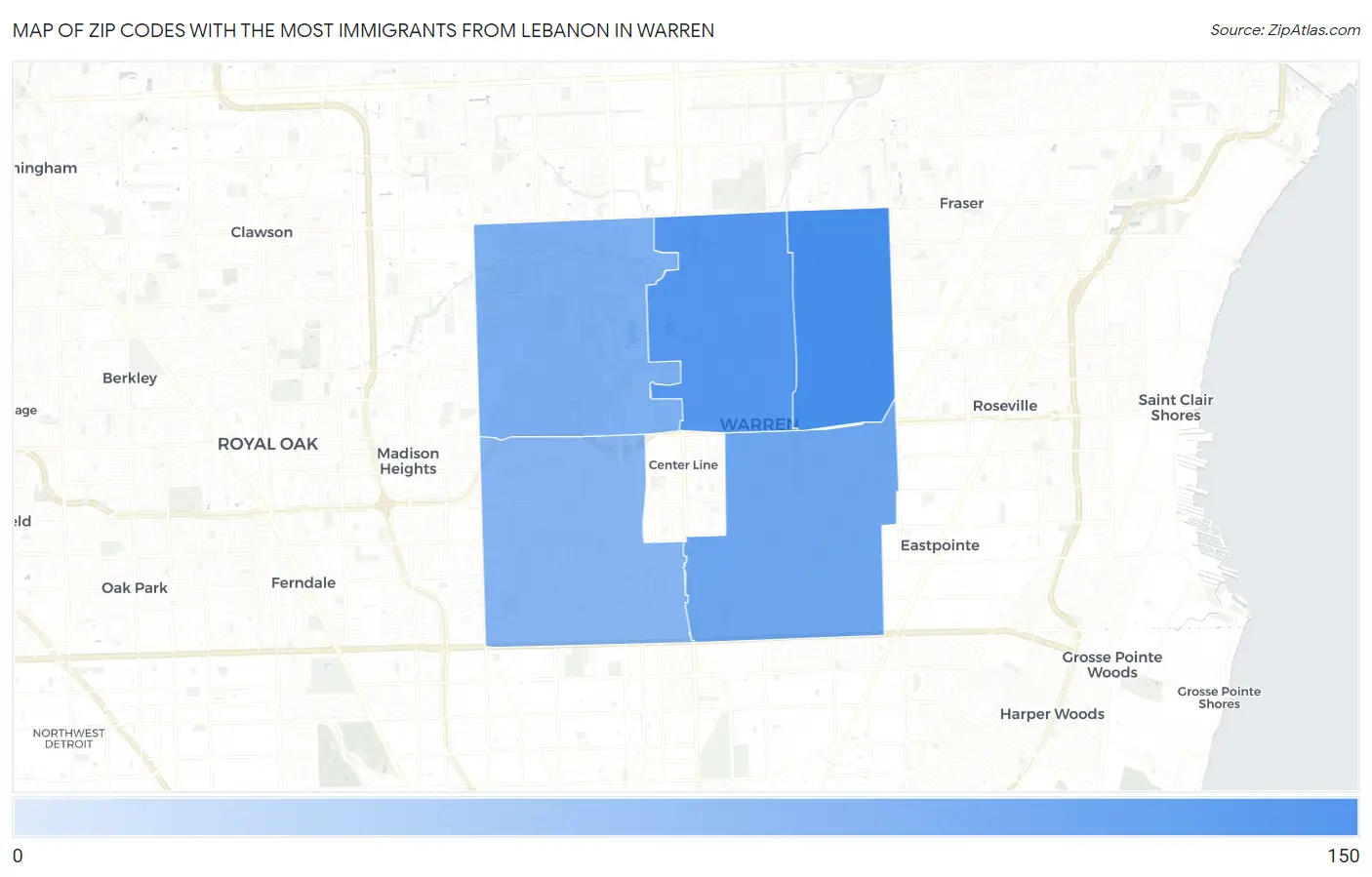 Zip Codes with the Most Immigrants from Lebanon in Warren Map