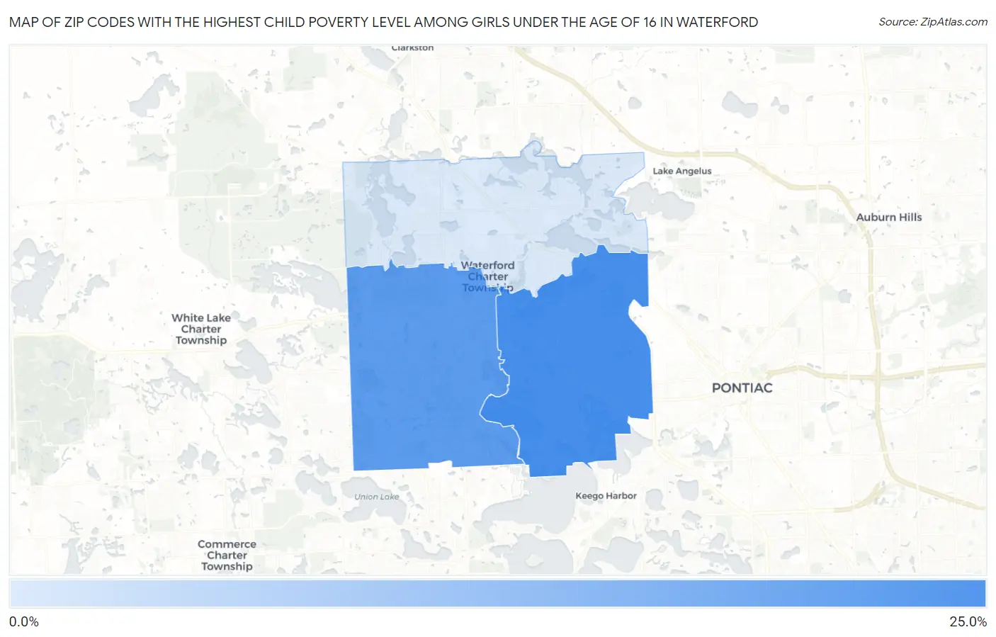 Zip Codes with the Highest Child Poverty Level Among Girls Under the Age of 16 in Waterford Map