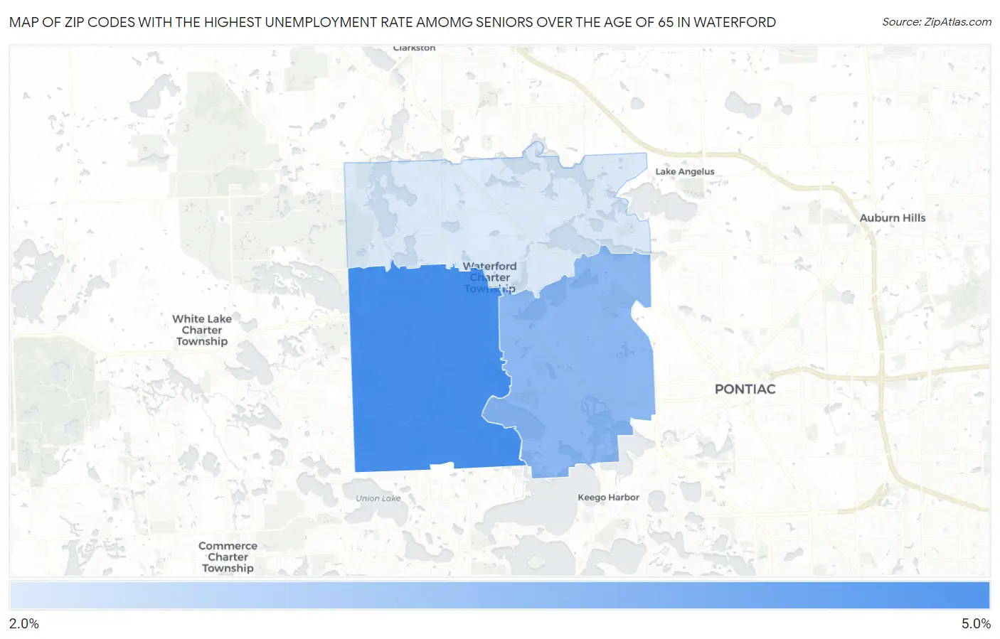 Zip Codes with the Highest Unemployment Rate Amomg Seniors Over the Age of 65 in Waterford Map