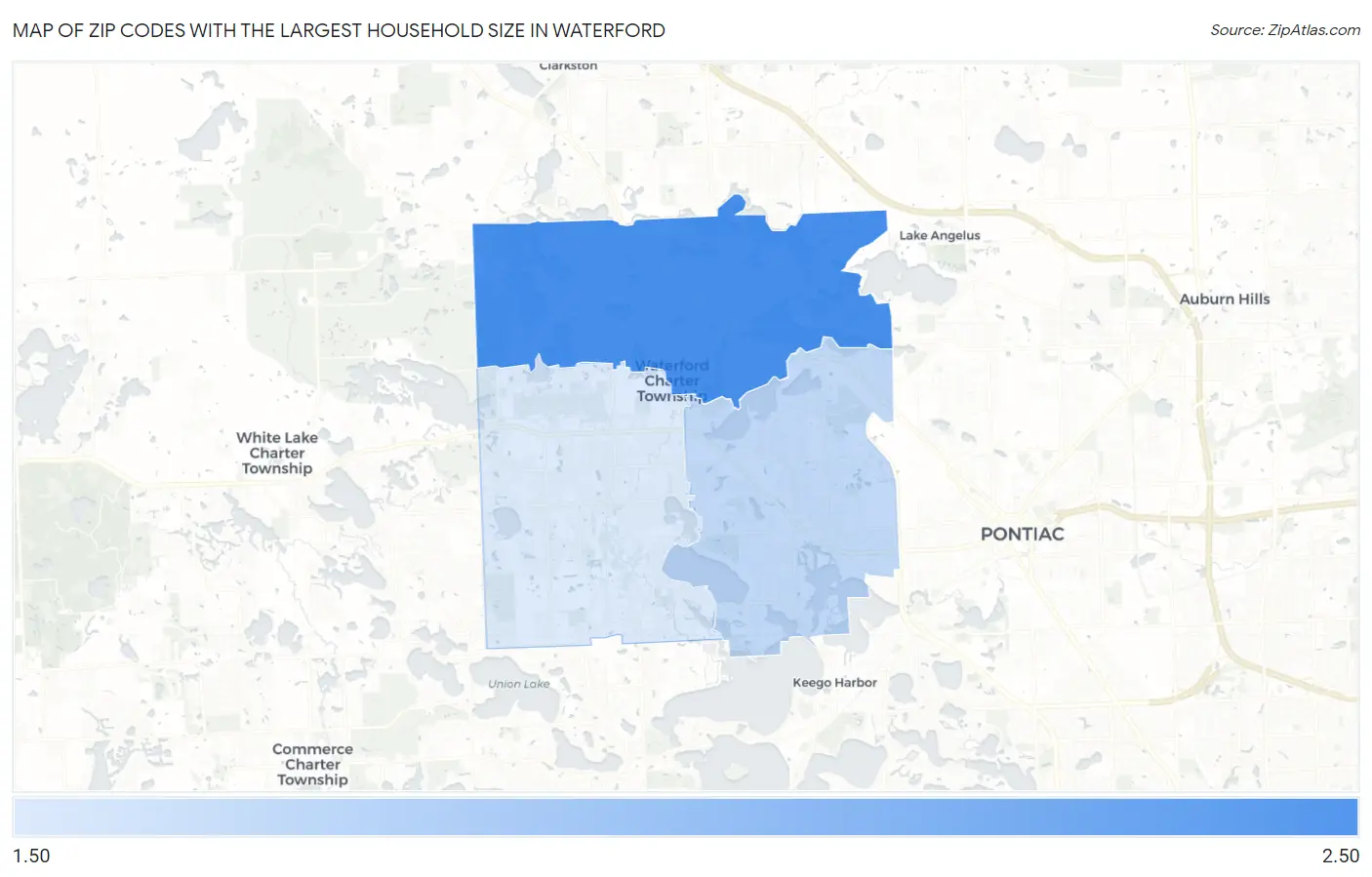 Zip Codes with the Largest Household Size in Waterford Map