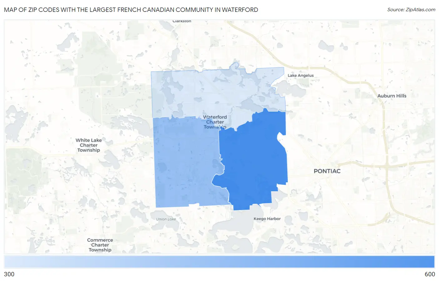 Zip Codes with the Largest French Canadian Community in Waterford Map