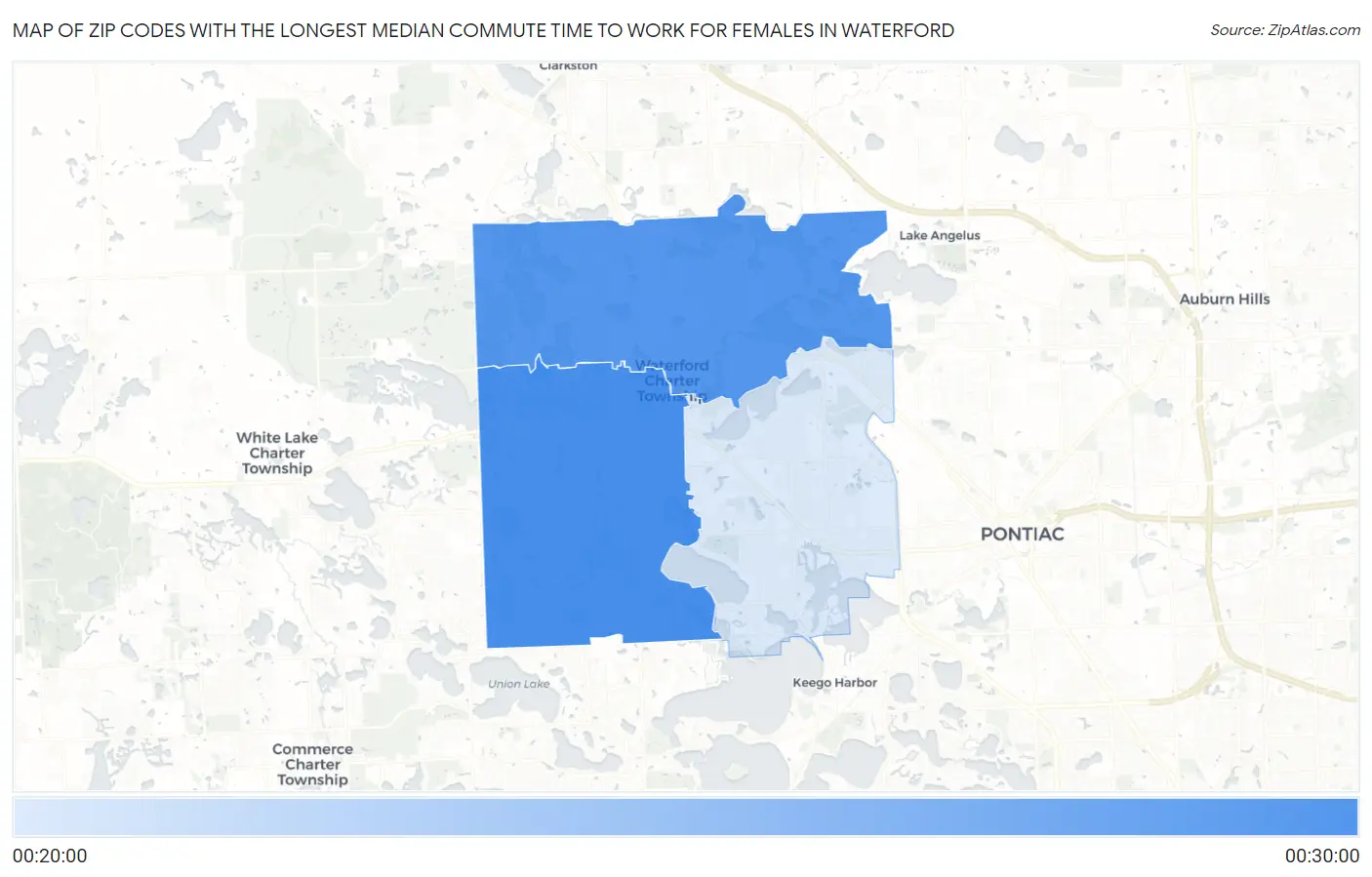 Zip Codes with the Longest Median Commute Time to Work for Females in Waterford Map
