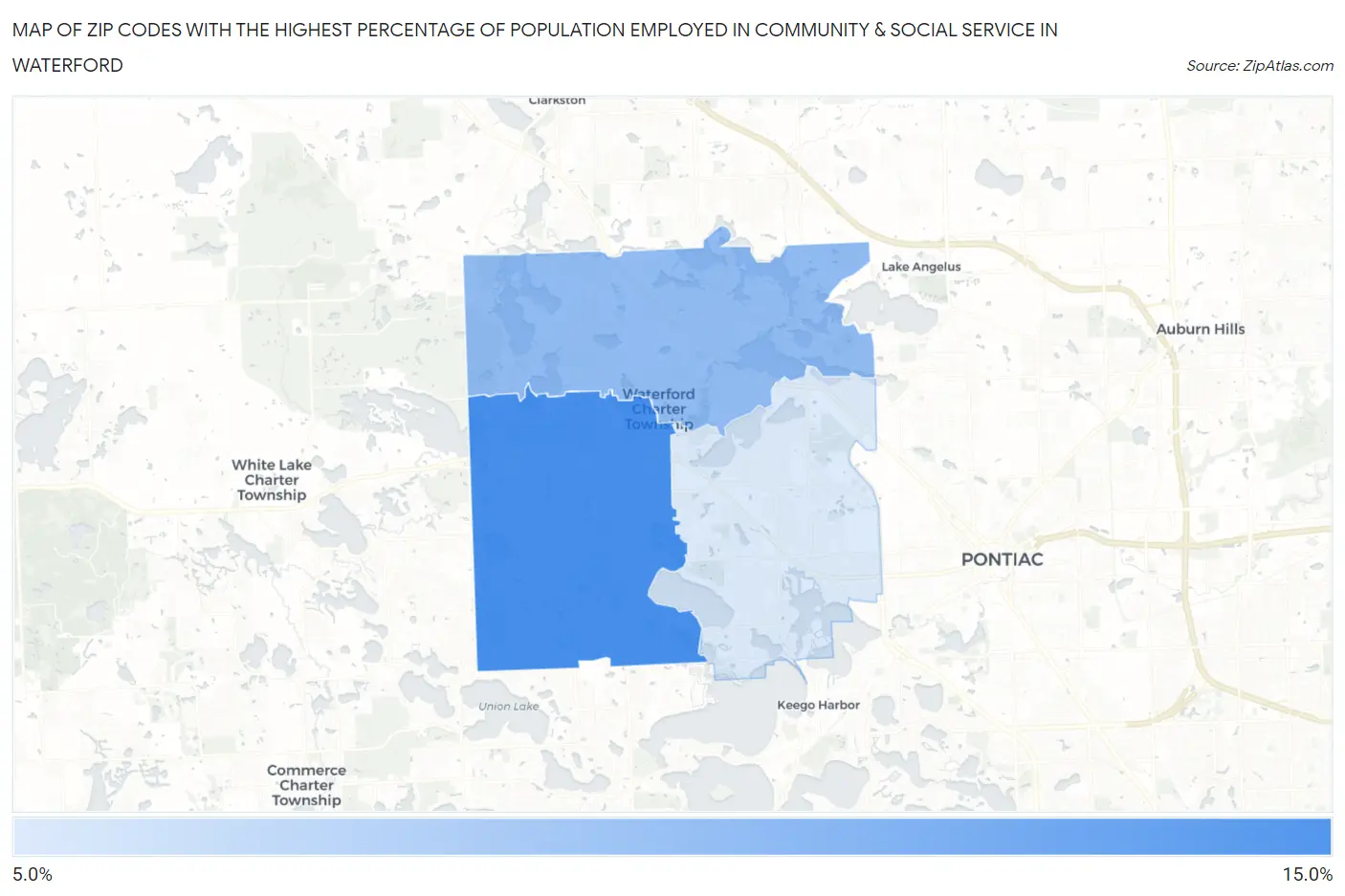 Zip Codes with the Highest Percentage of Population Employed in Community & Social Service  in Waterford Map