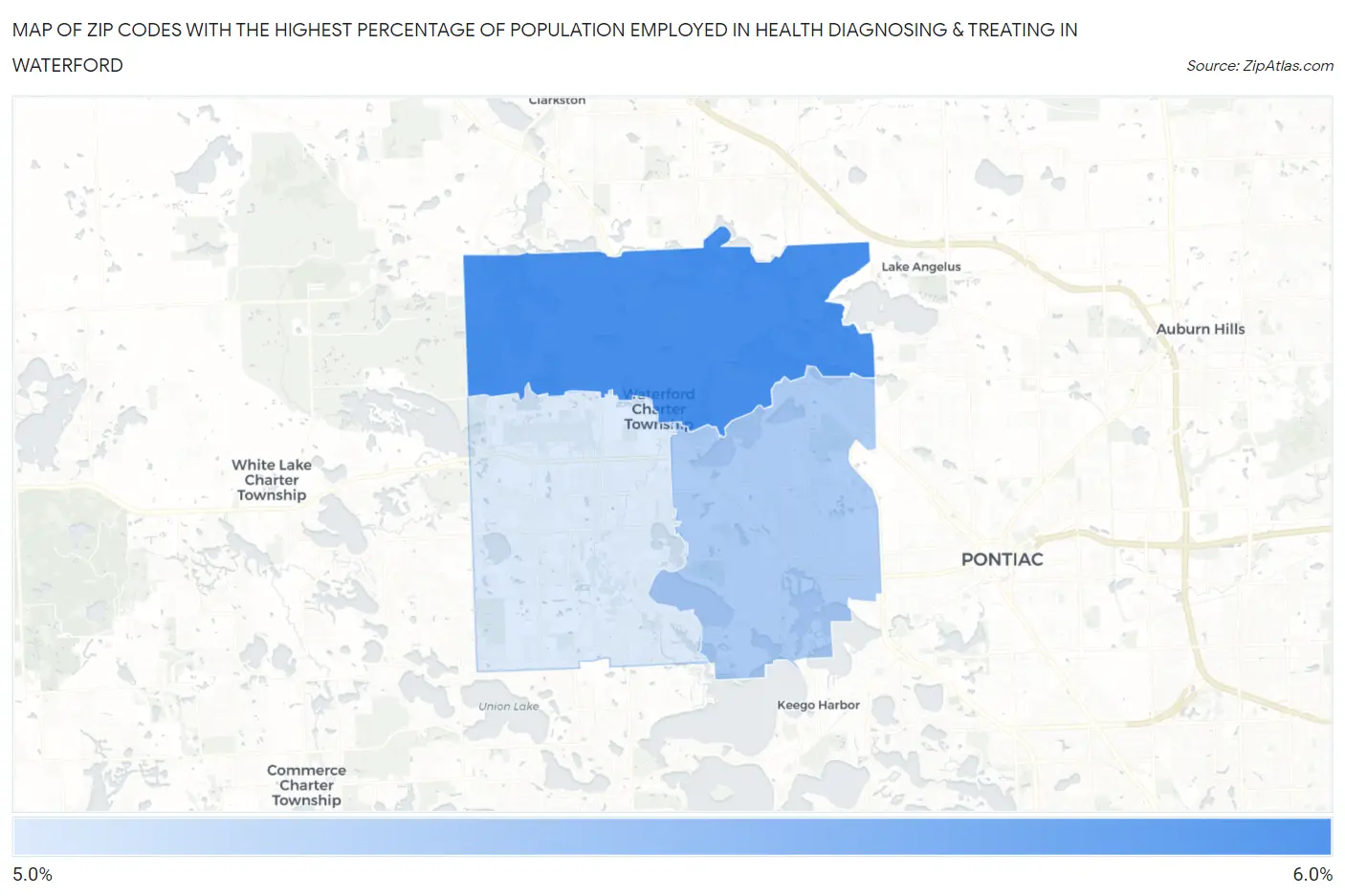 Zip Codes with the Highest Percentage of Population Employed in Health Diagnosing & Treating in Waterford Map