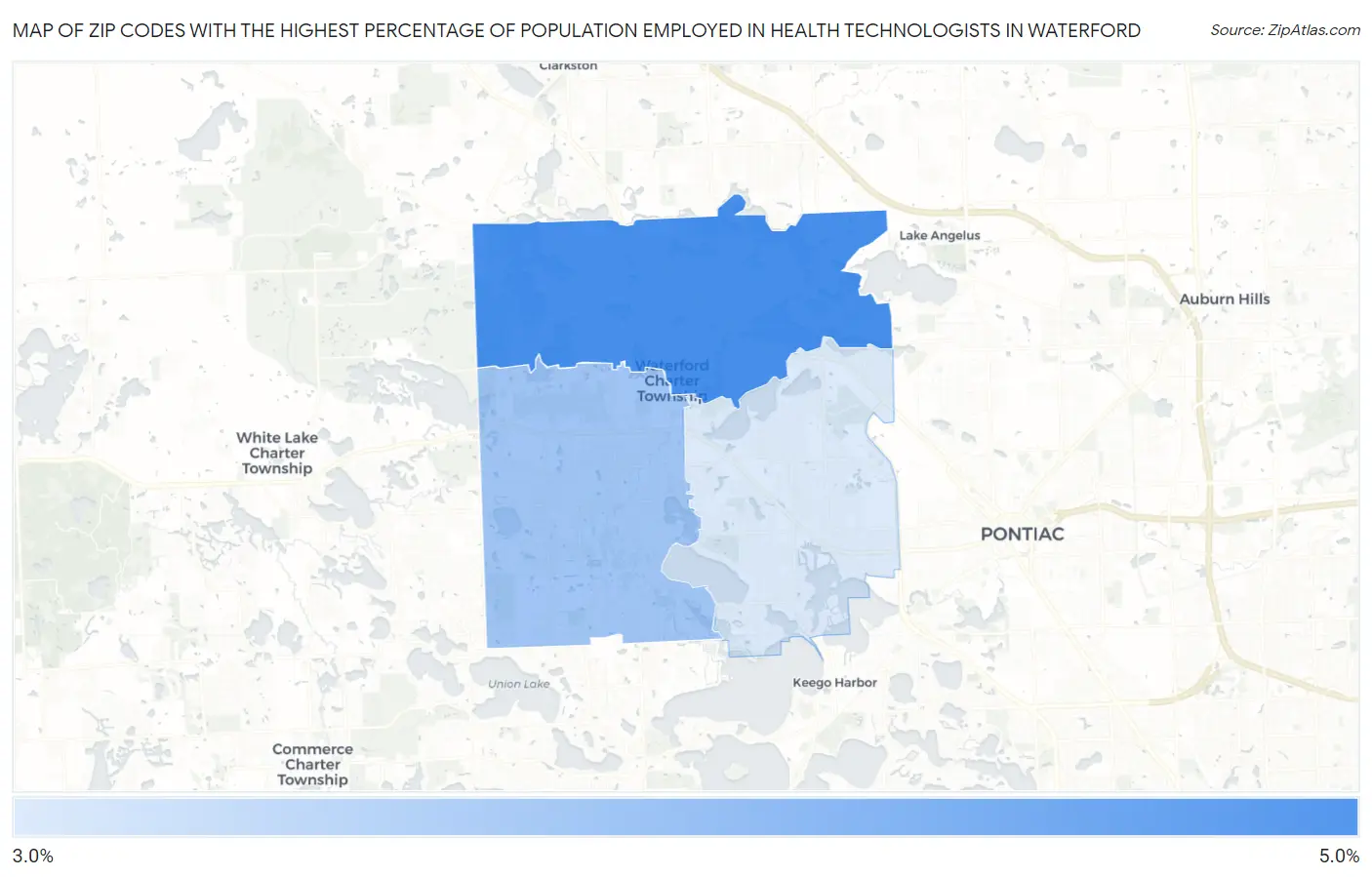 Zip Codes with the Highest Percentage of Population Employed in Health Technologists in Waterford Map