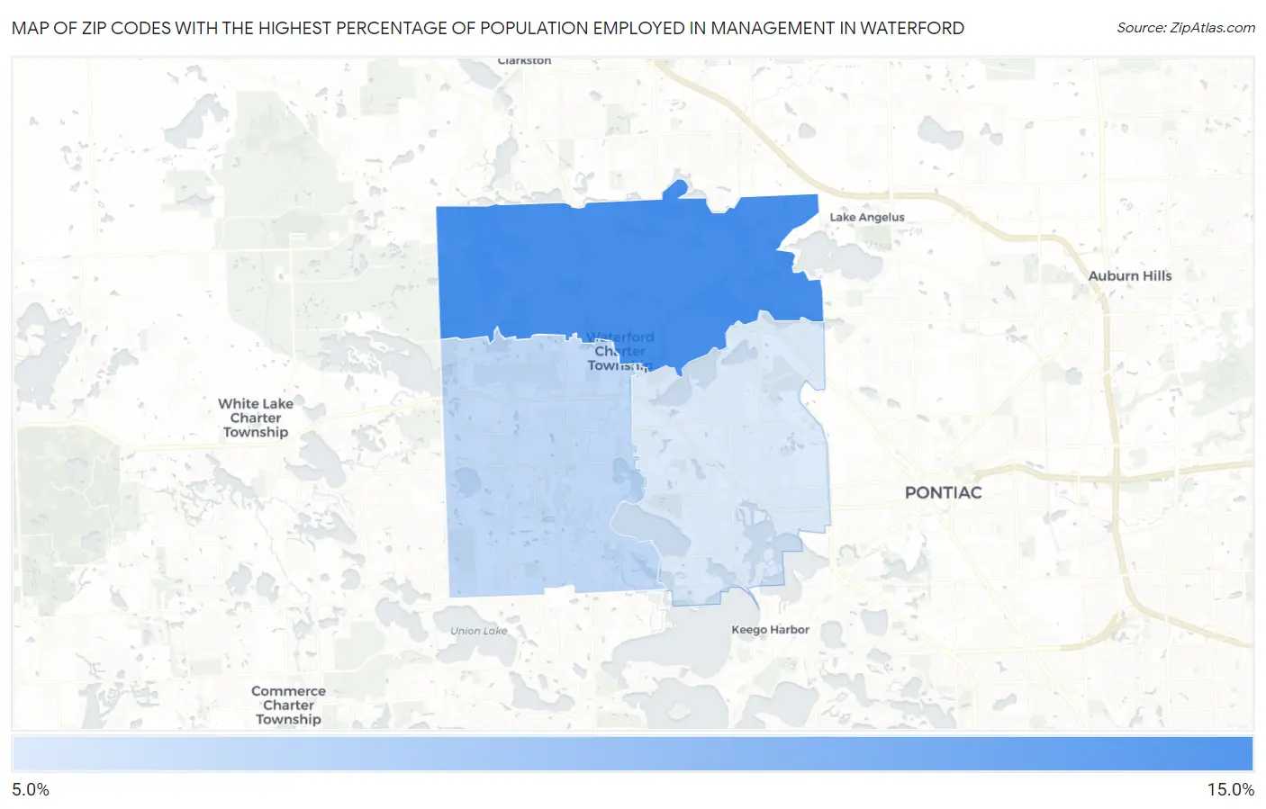 Zip Codes with the Highest Percentage of Population Employed in Management in Waterford Map