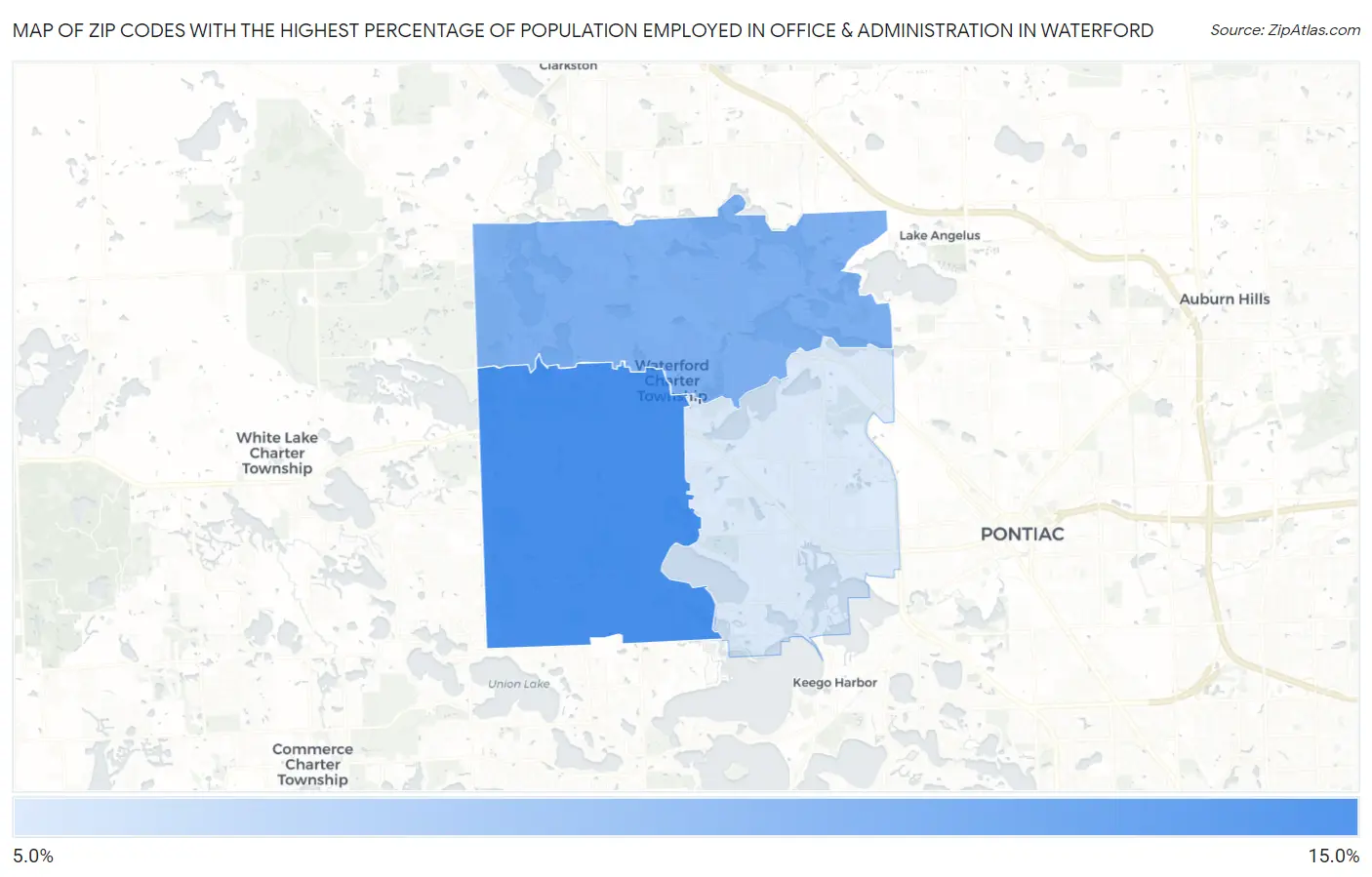 Zip Codes with the Highest Percentage of Population Employed in Office & Administration in Waterford Map