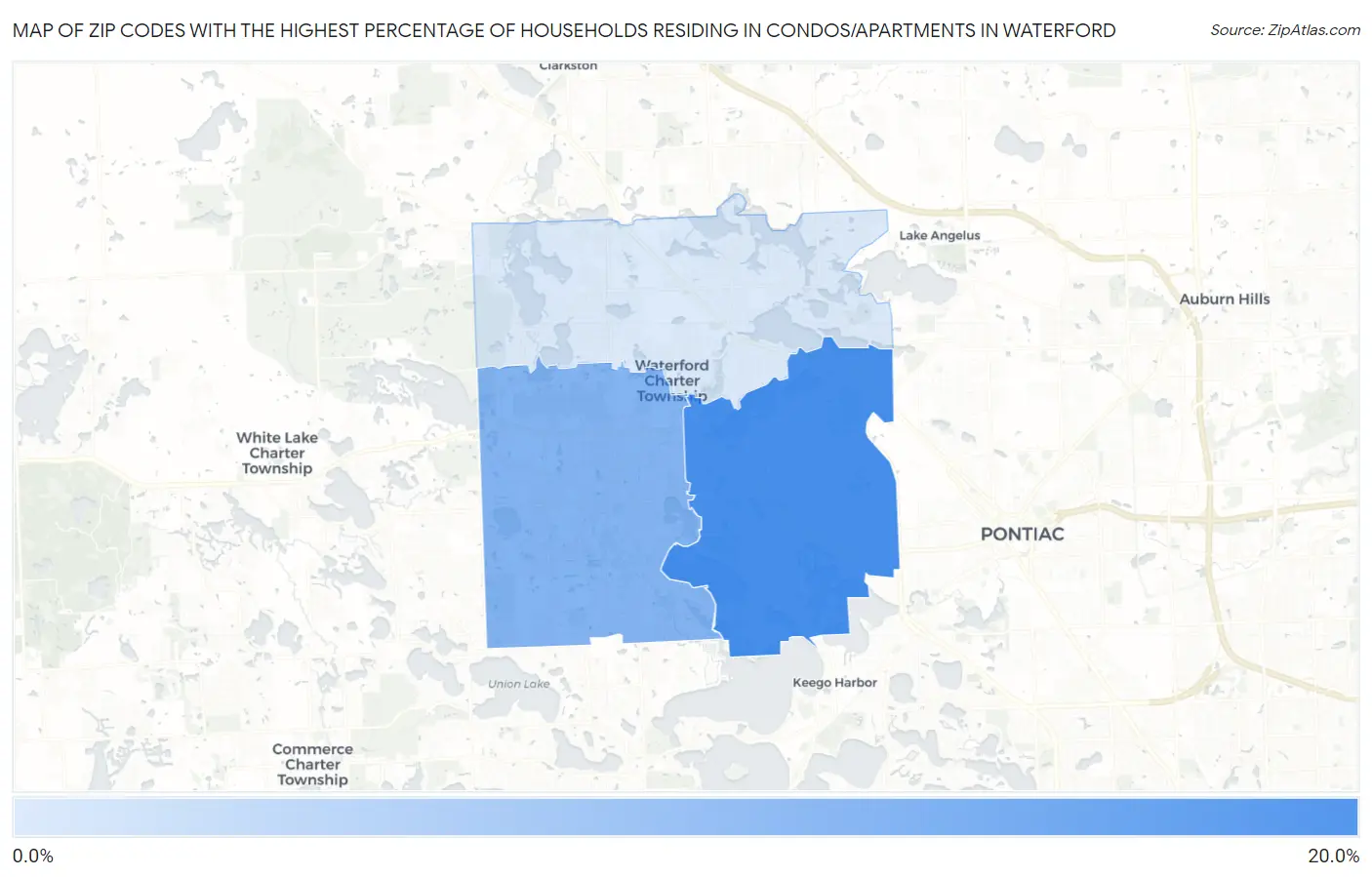 Zip Codes with the Highest Percentage of Households Residing in Condos/Apartments in Waterford Map