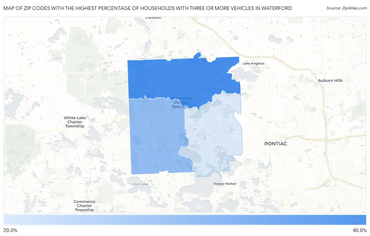 Zip Codes with the Highest Percentage of Households With Three or more Vehicles in Waterford Map