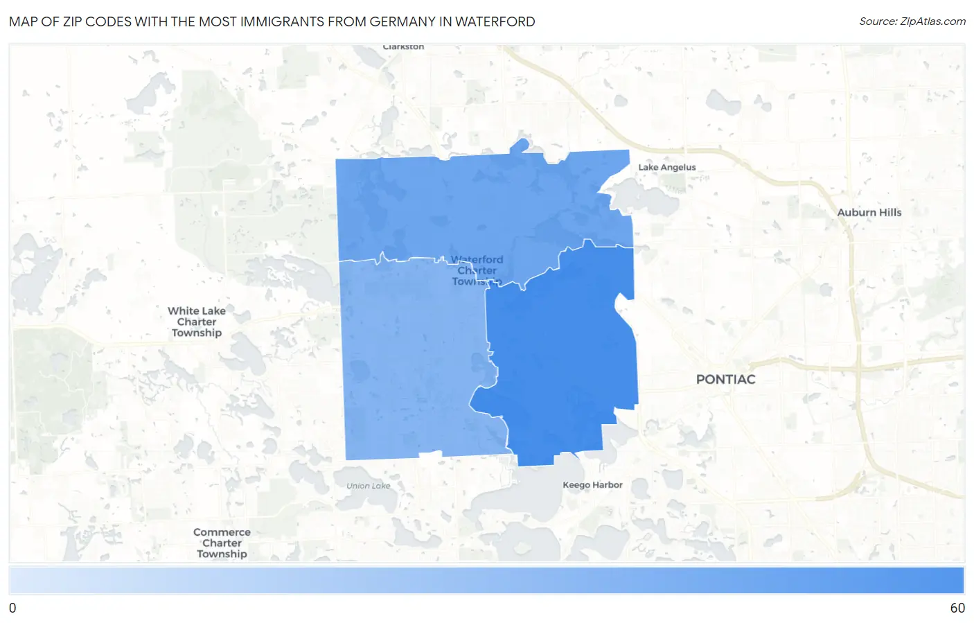 Zip Codes with the Most Immigrants from Germany in Waterford Map