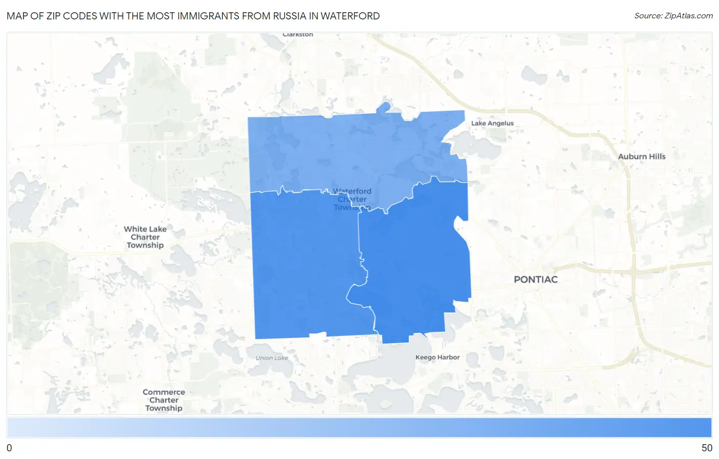 Zip Codes with the Most Immigrants from Russia in Waterford Map