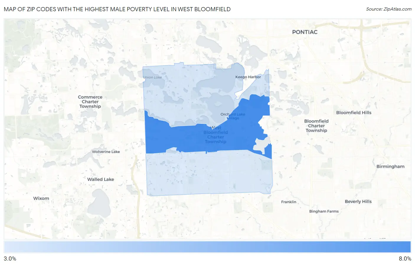 Zip Codes with the Highest Male Poverty Level in West Bloomfield Map