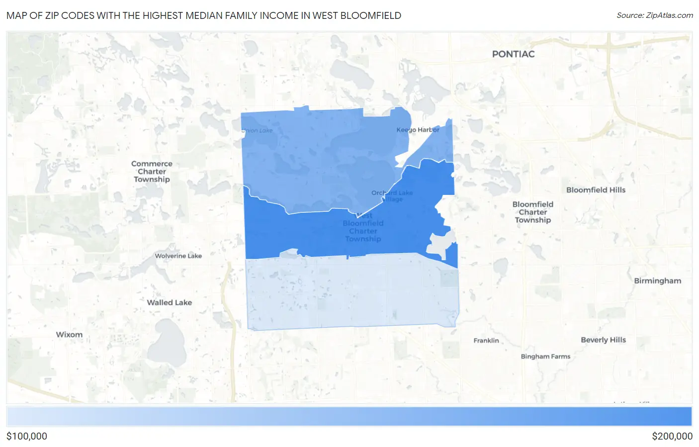 Zip Codes with the Highest Median Family Income in West Bloomfield Map