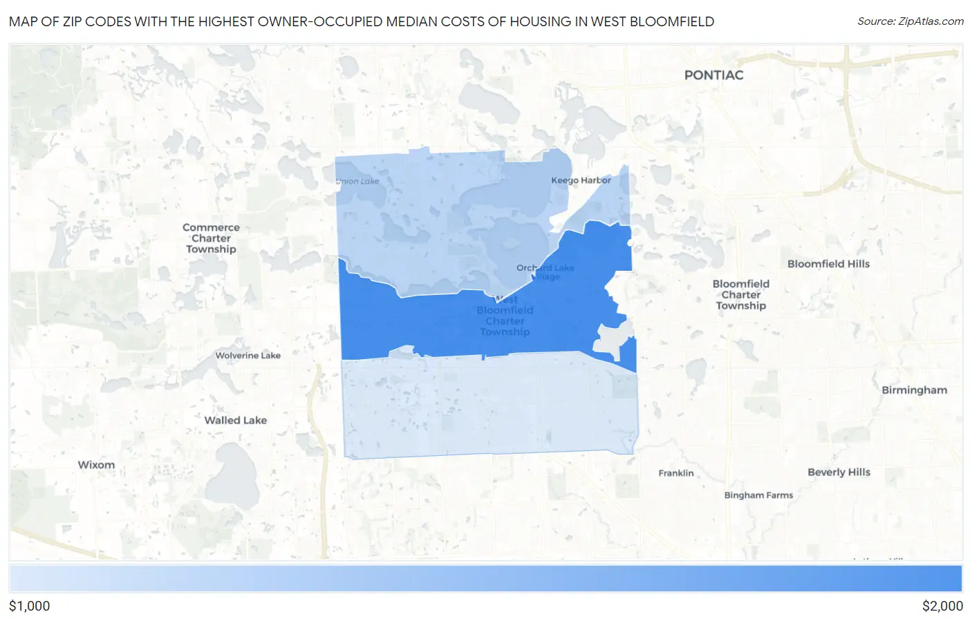 Zip Codes with the Highest Owner-Occupied Median Costs of Housing in West Bloomfield Map