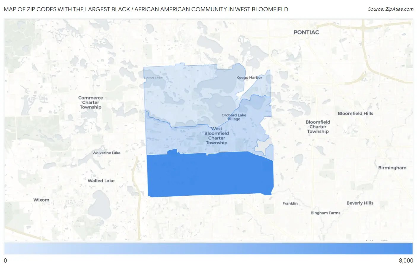 Zip Codes with the Largest Black / African American Community in West Bloomfield Map