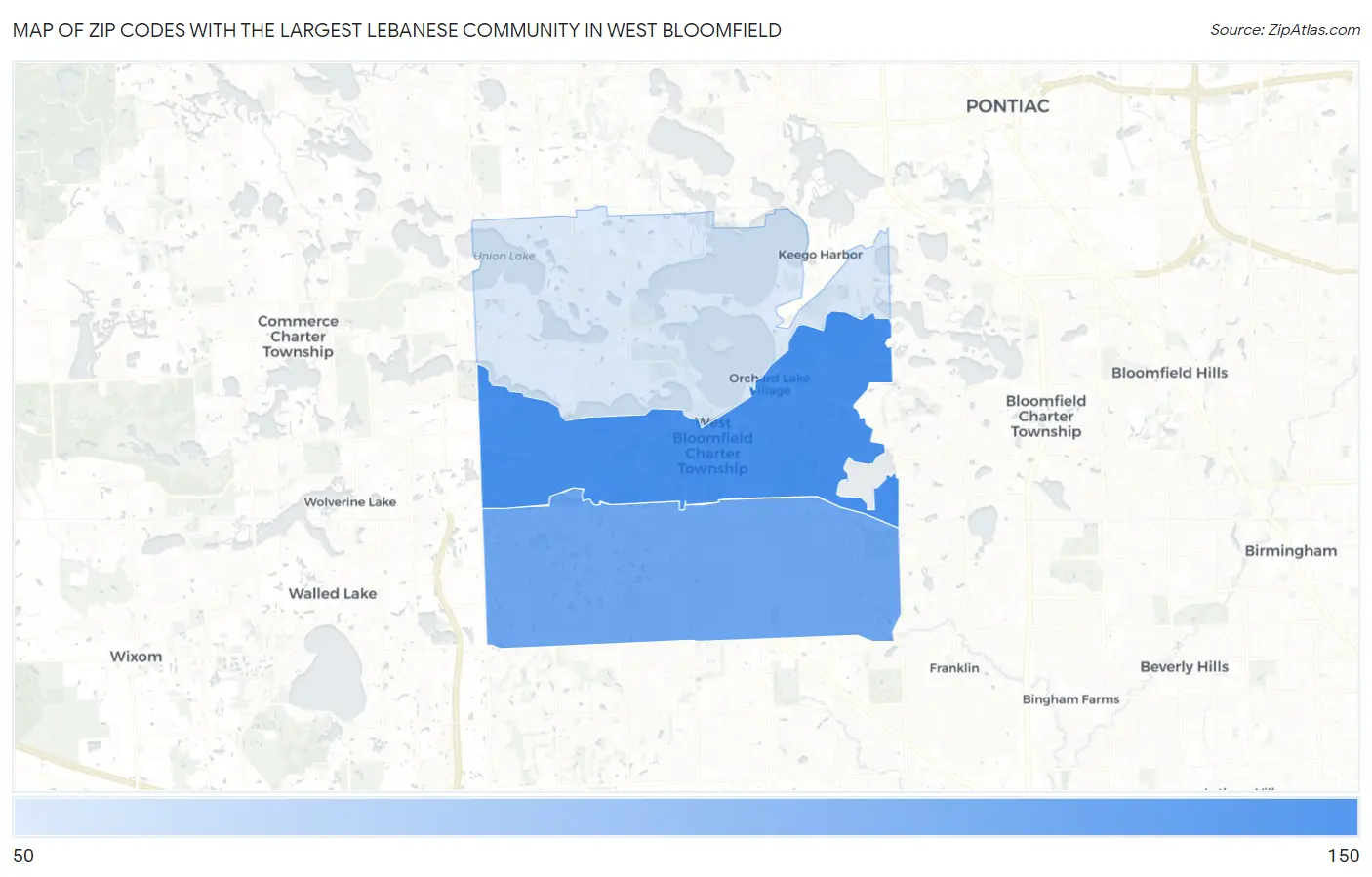 Zip Codes with the Largest Lebanese Community in West Bloomfield Map