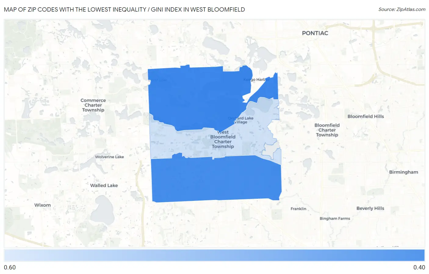 Zip Codes with the Lowest Inequality / Gini Index in West Bloomfield Map