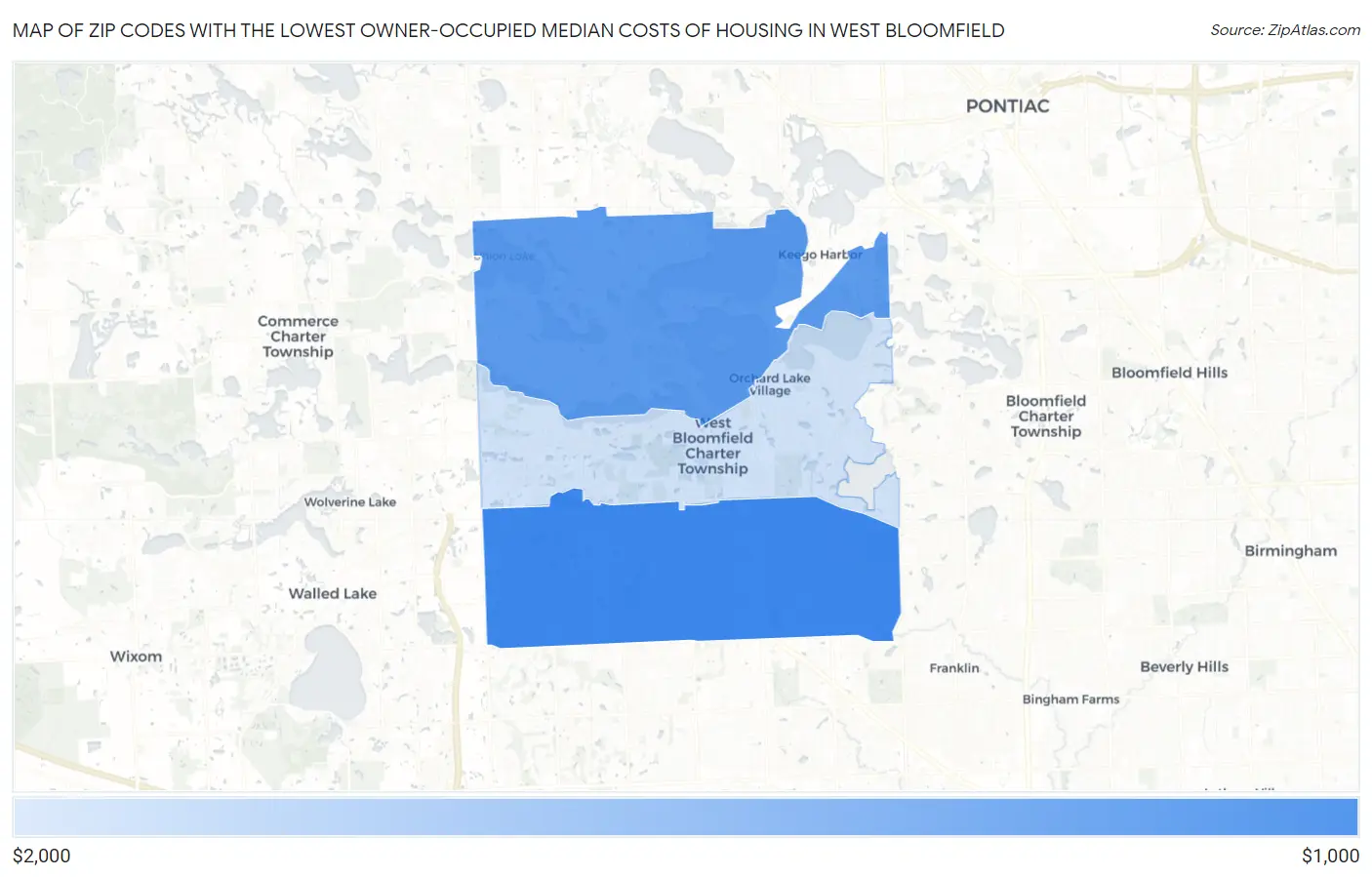 Zip Codes with the Lowest Owner-Occupied Median Costs of Housing in West Bloomfield Map