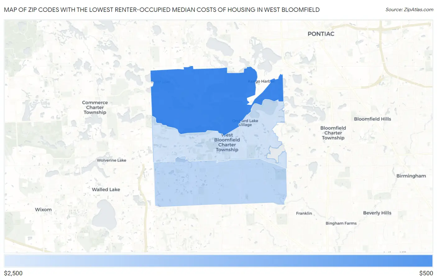 Zip Codes with the Lowest Renter-Occupied Median Costs of Housing in West Bloomfield Map