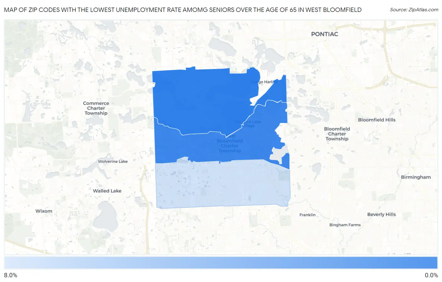 Zip Codes with the Lowest Unemployment Rate Amomg Seniors Over the Age of 65 in West Bloomfield Map