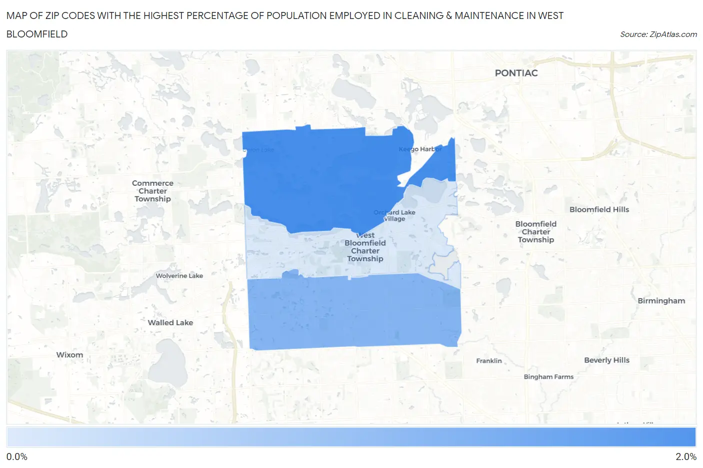Zip Codes with the Highest Percentage of Population Employed in Cleaning & Maintenance in West Bloomfield Map