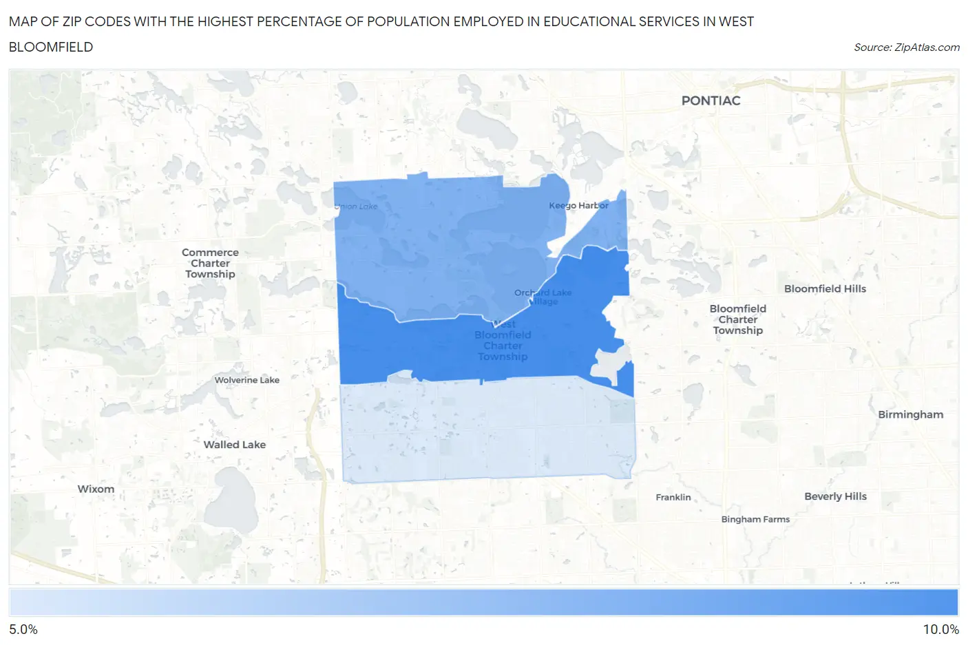 Zip Codes with the Highest Percentage of Population Employed in Educational Services in West Bloomfield Map