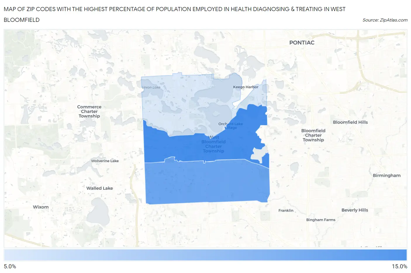 Zip Codes with the Highest Percentage of Population Employed in Health Diagnosing & Treating in West Bloomfield Map