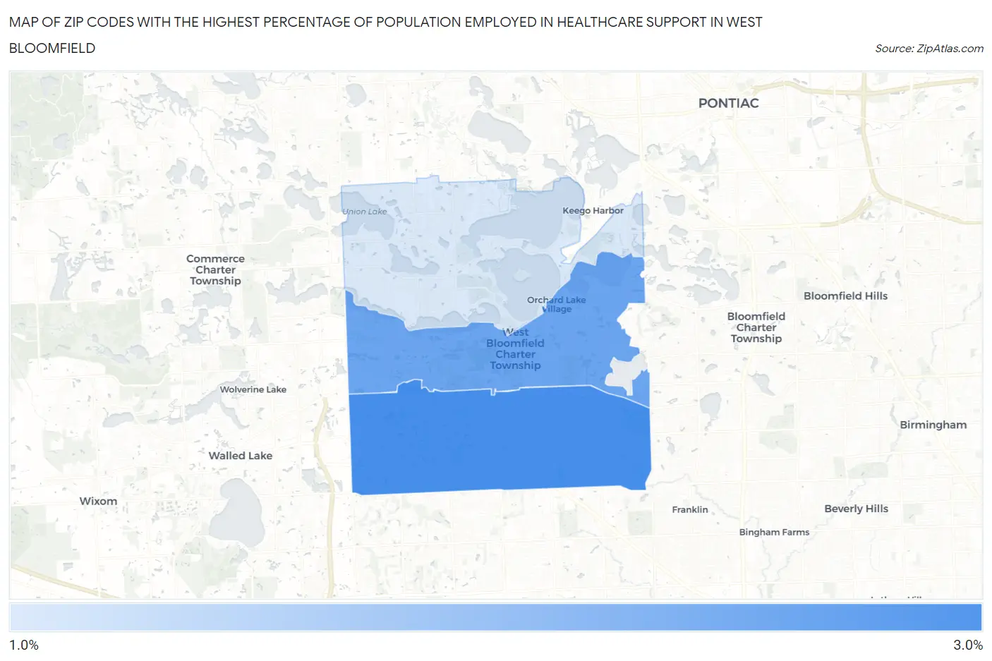 Zip Codes with the Highest Percentage of Population Employed in Healthcare Support in West Bloomfield Map