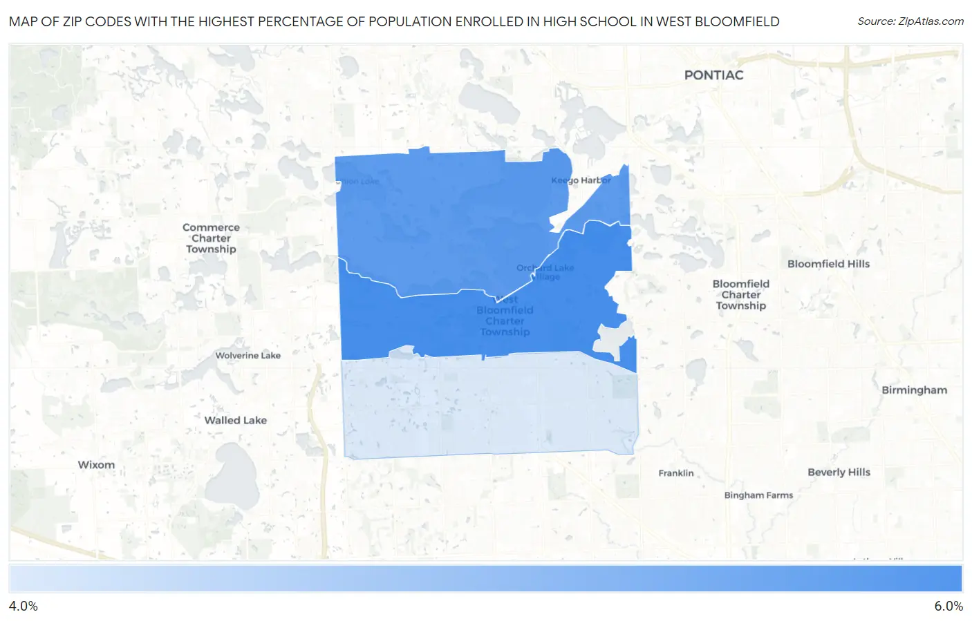 Zip Codes with the Highest Percentage of Population Enrolled in High School in West Bloomfield Map