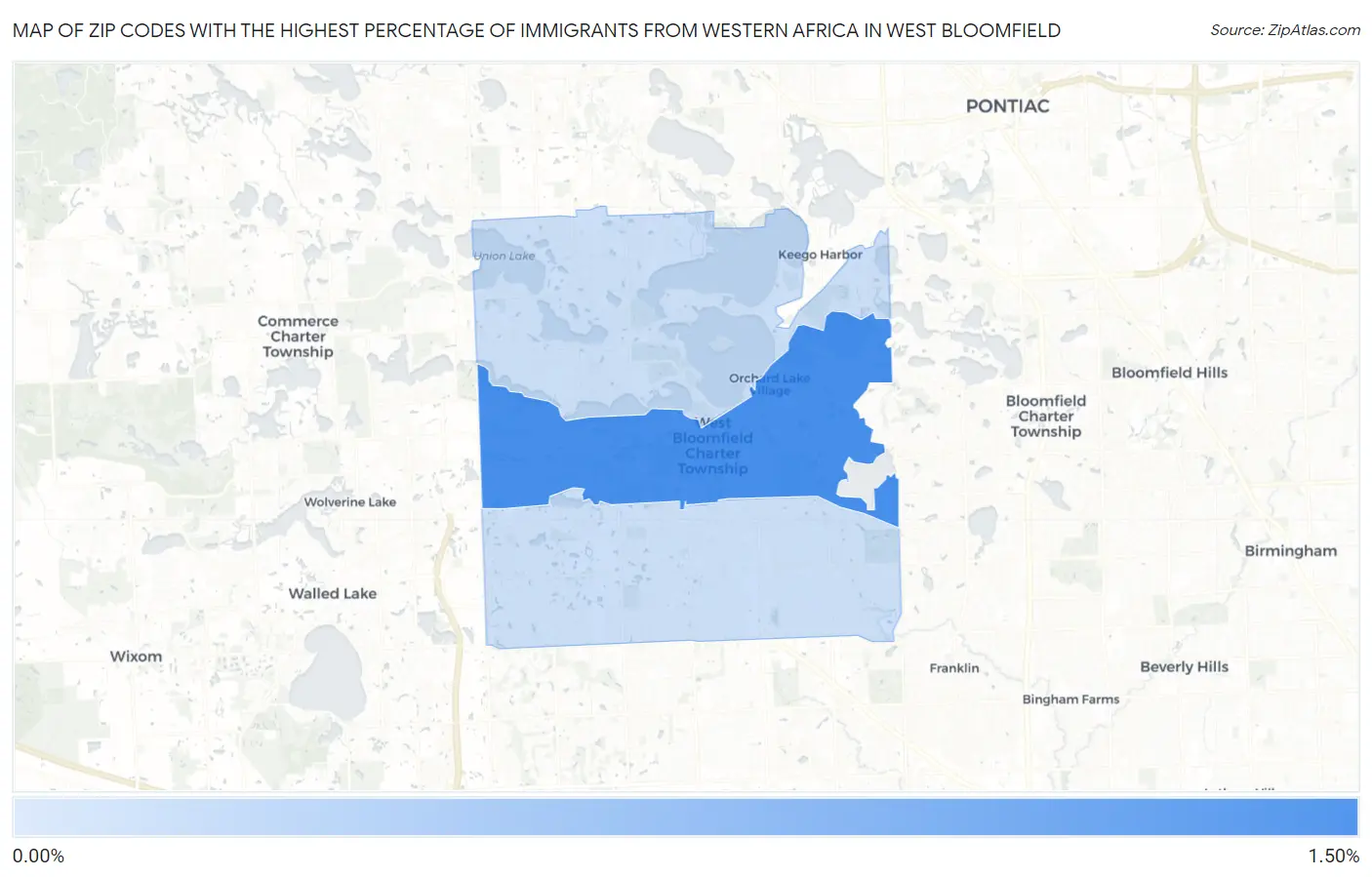 Zip Codes with the Highest Percentage of Immigrants from Western Africa in West Bloomfield Map