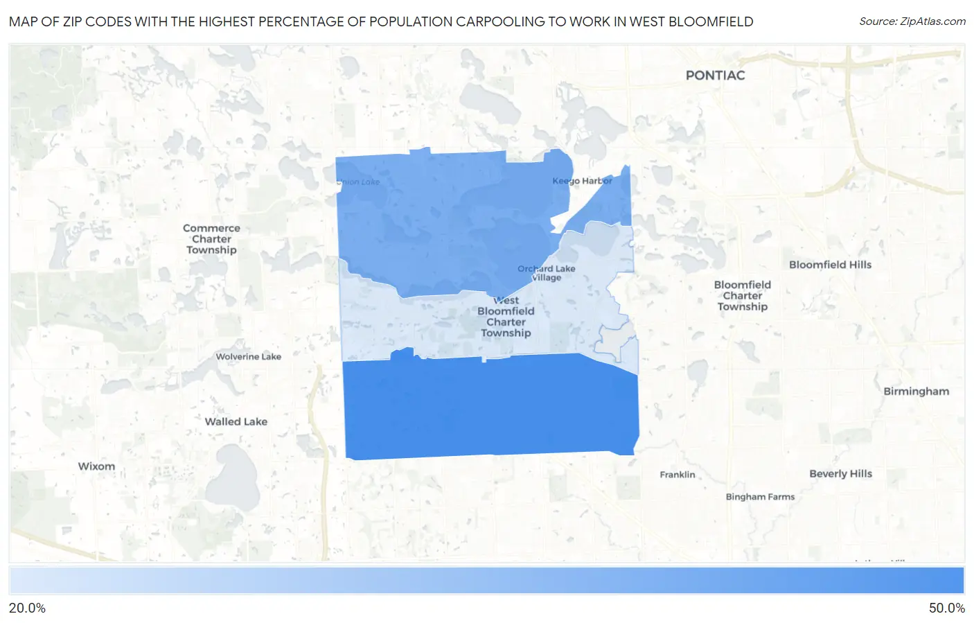 Zip Codes with the Highest Percentage of Population Carpooling to Work in West Bloomfield Map