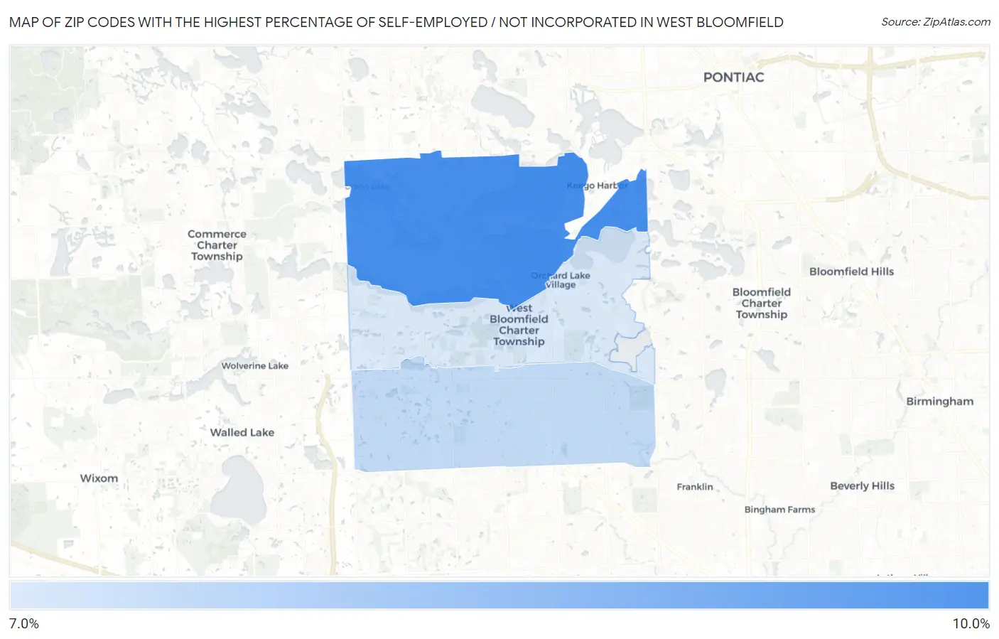 Zip Codes with the Highest Percentage of Self-Employed / Not Incorporated in West Bloomfield Map