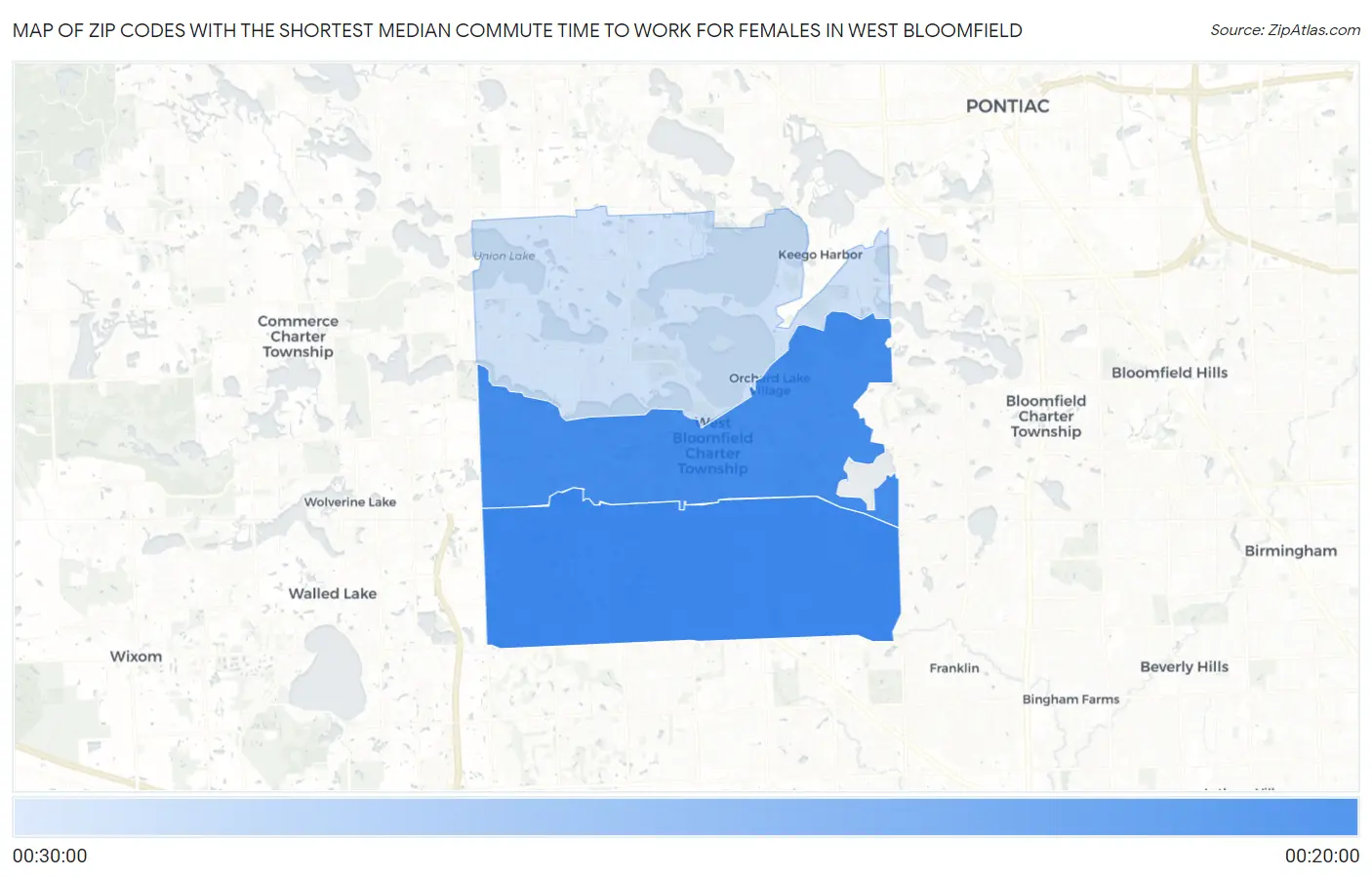 Zip Codes with the Shortest Median Commute Time to Work for Females in West Bloomfield Map