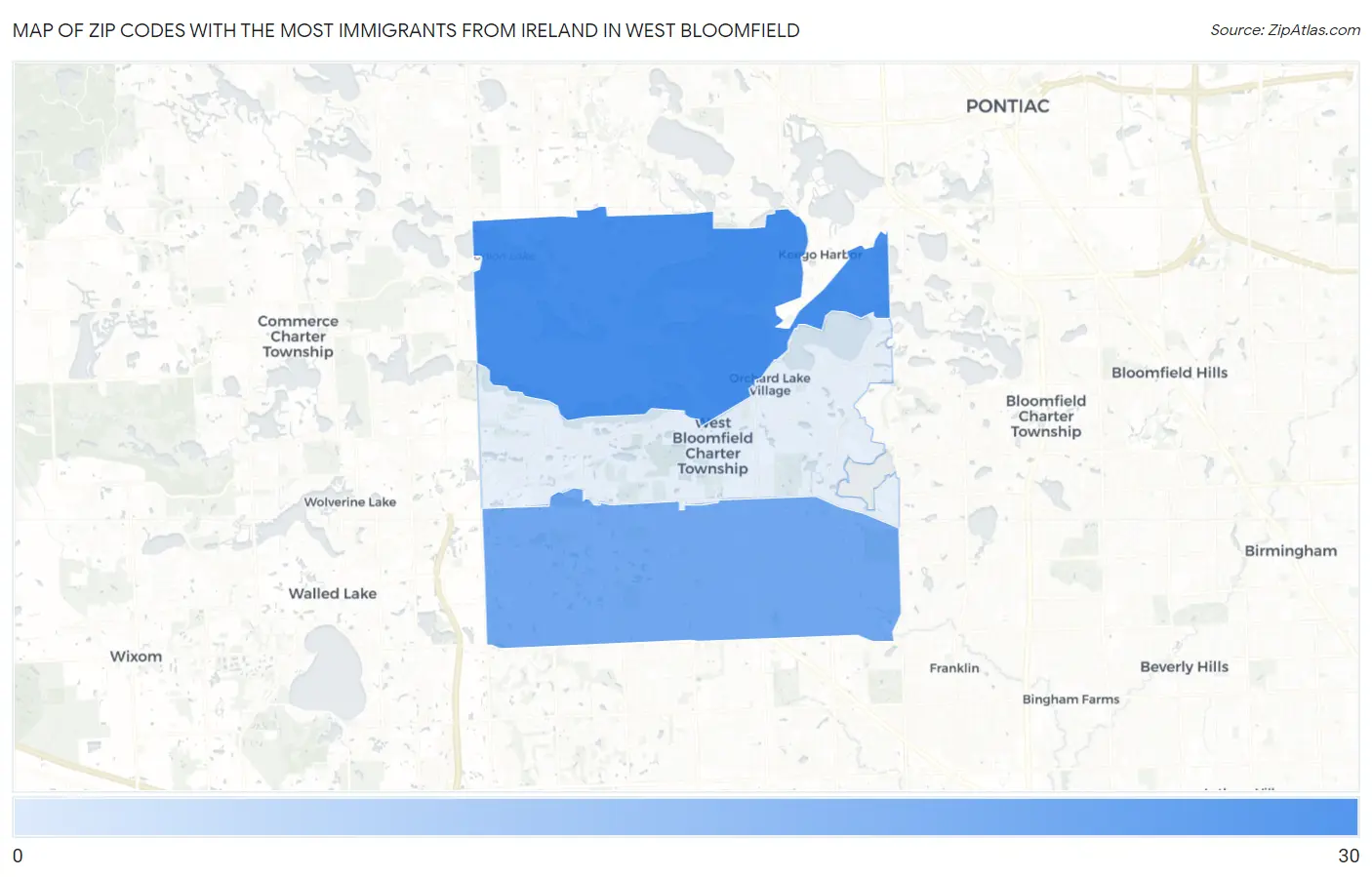 Zip Codes with the Most Immigrants from Ireland in West Bloomfield Map