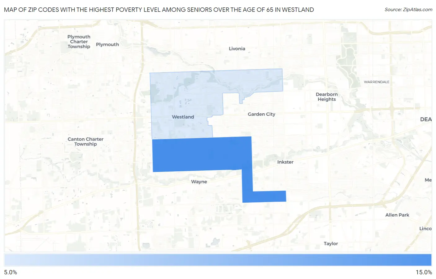 Zip Codes with the Highest Poverty Level Among Seniors Over the Age of 65 in Westland Map