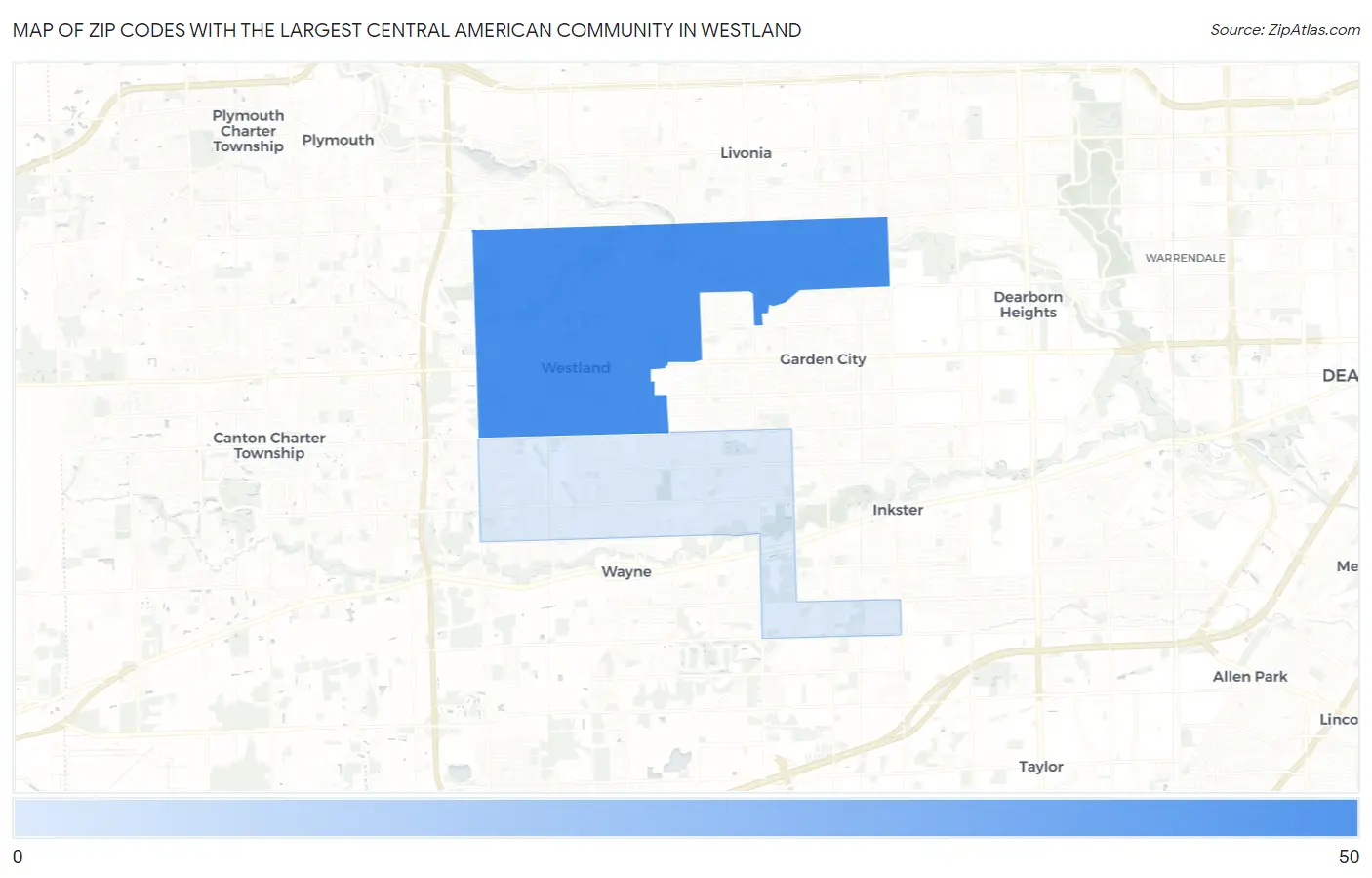 Zip Codes with the Largest Central American Community in Westland Map
