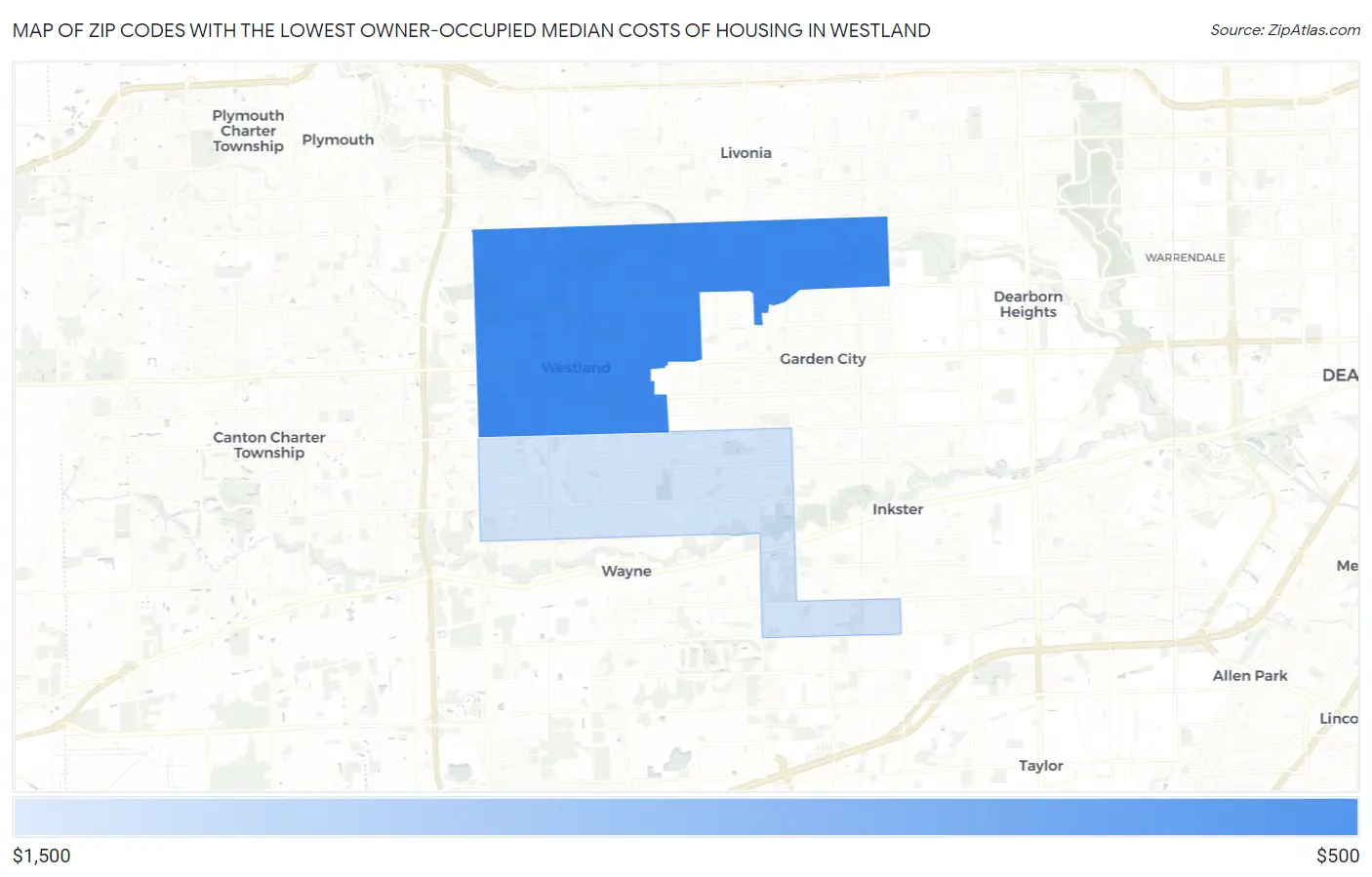 Zip Codes with the Lowest Owner-Occupied Median Costs of Housing in Westland Map