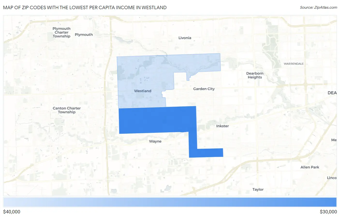 Zip Codes with the Lowest Per Capita Income in Westland Map