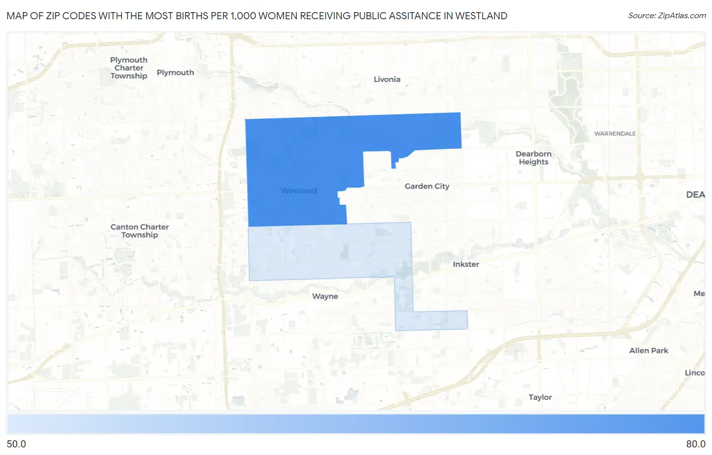 Zip Codes with the Most Births per 1,000 Women Receiving Public Assitance in Westland Map