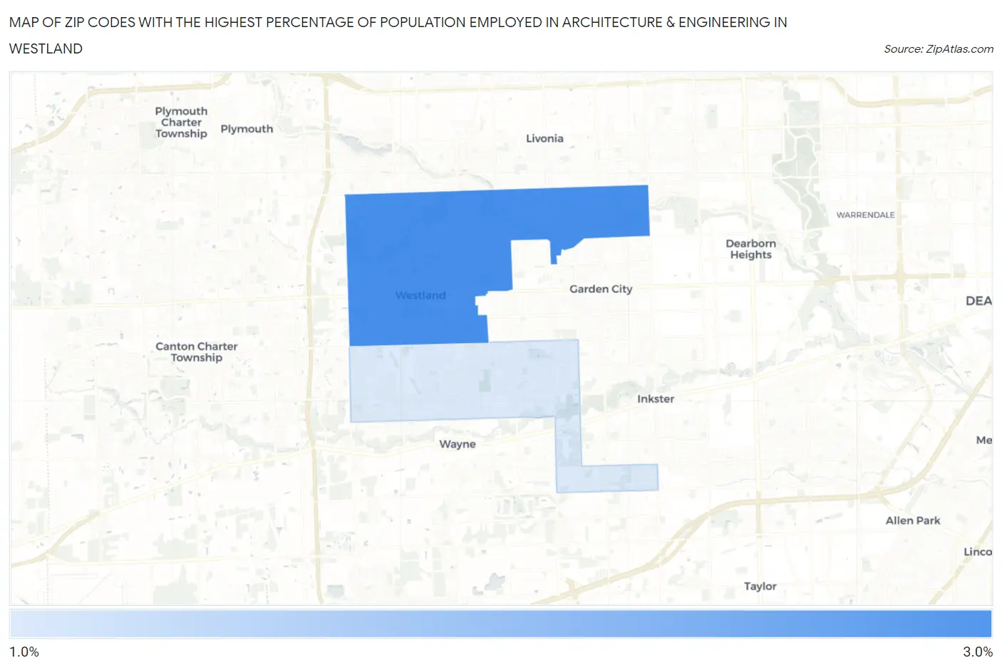 Zip Codes with the Highest Percentage of Population Employed in Architecture & Engineering in Westland Map