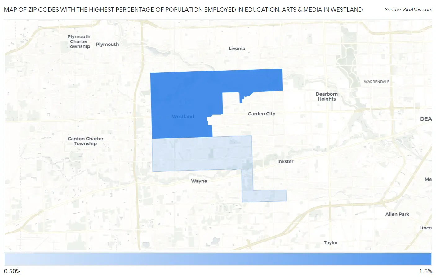 Zip Codes with the Highest Percentage of Population Employed in Education, Arts & Media in Westland Map