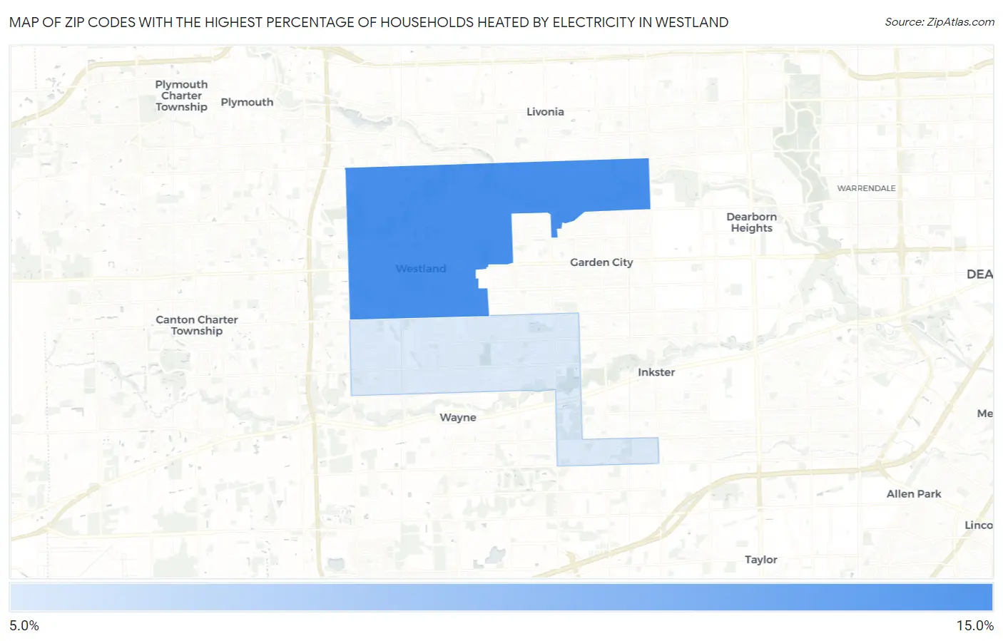 Zip Codes with the Highest Percentage of Households Heated by Electricity in Westland Map